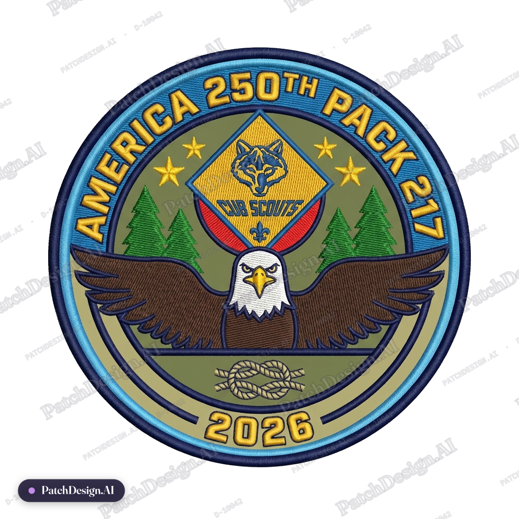 Main Feature: Bald Eagle — Shape: Circle A Bald eagle covering the lower portion of the pa — custom patch designed with AI