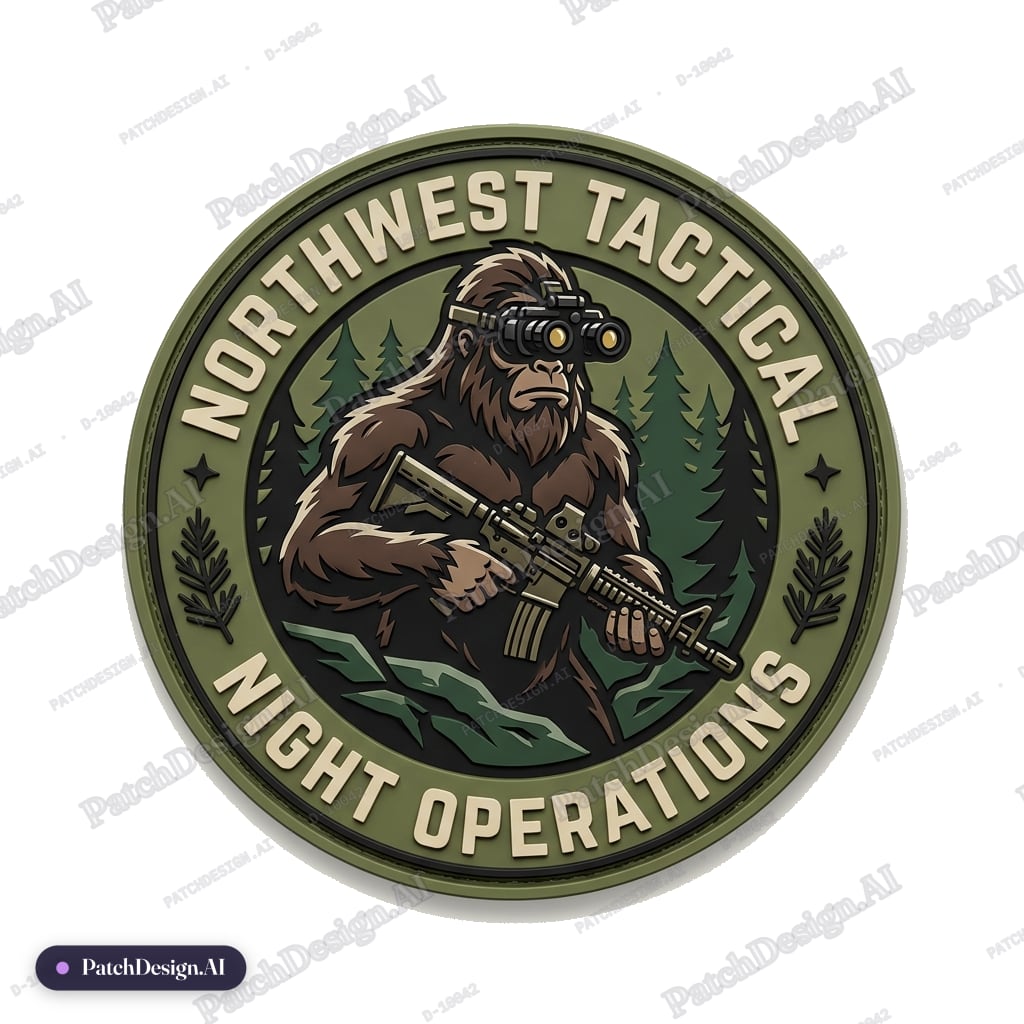 Sasquatch wearing nightvison goggles and holding a rifle and the background with a backgro — custom patch designed with AI