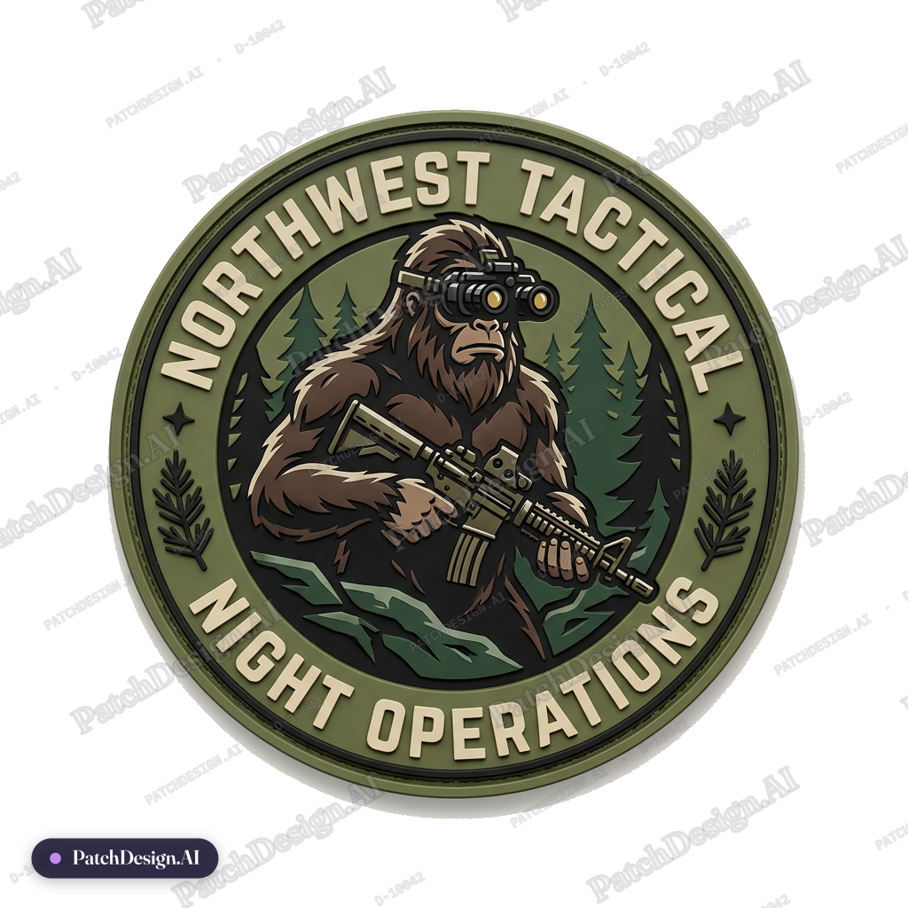 Sasquatch wearing nightvison goggles and holding a rifle and the background with a backgro — custom patch designed with AI