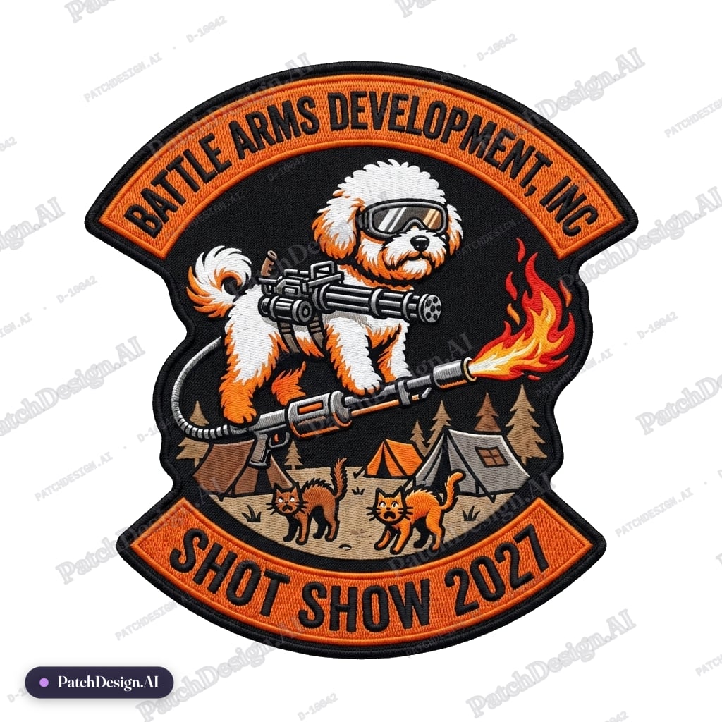 Battle Arms Development, Inc on top Shot Show 2027 on the bottom white and orange Bichon F — custom patch designed with AI