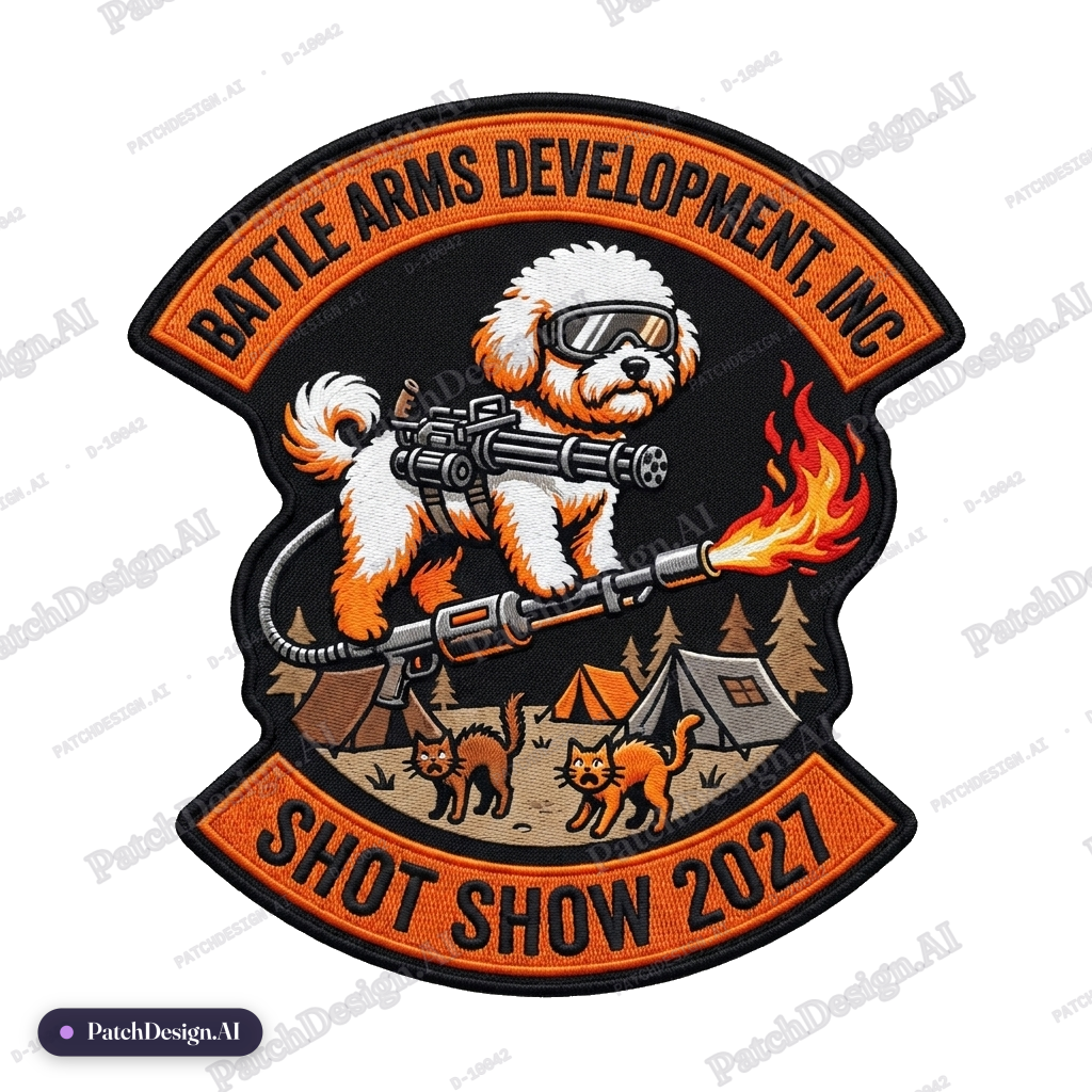 Battle Arms Development, Inc on top Shot Show 2027 on the bottom white and orange Bichon F — custom patch designed with AI
