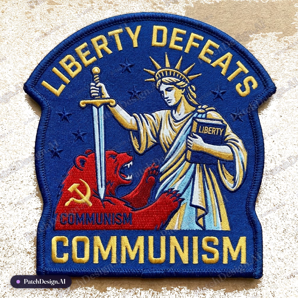 Have Lady Liberty in one hand hold her book, the other hand a sword and she is piercing Co — custom patch designed with AI