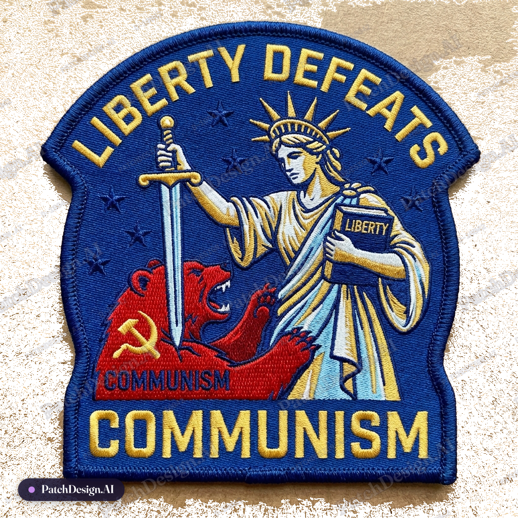 Have Lady Liberty in one hand hold her book, the other hand a sword and she is piercing Co — custom patch designed with AI