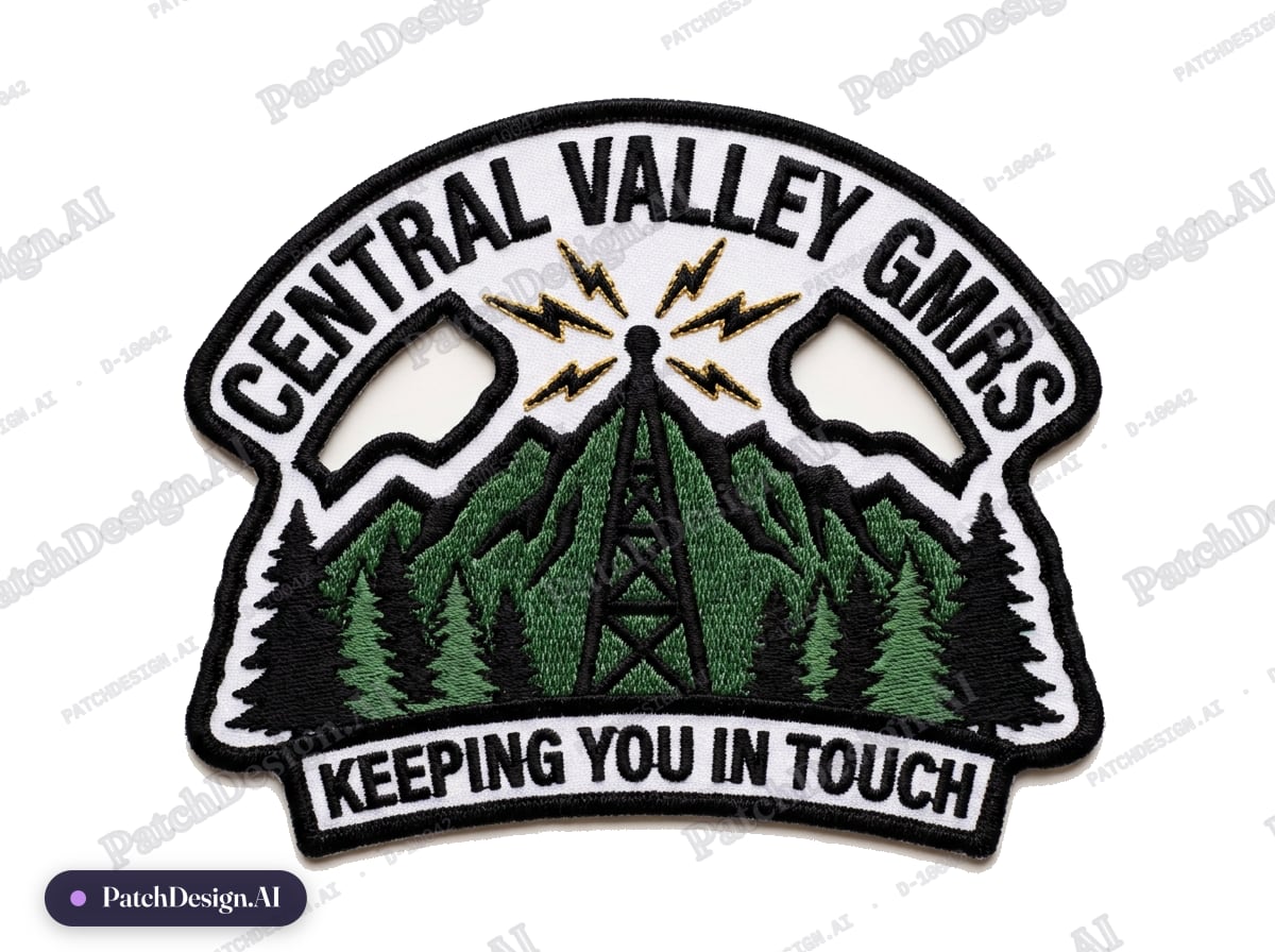Central Valley GMRS, Keeping You In Touch,mountain with pine trees, radio tower in middle  — custom patch designed with AI