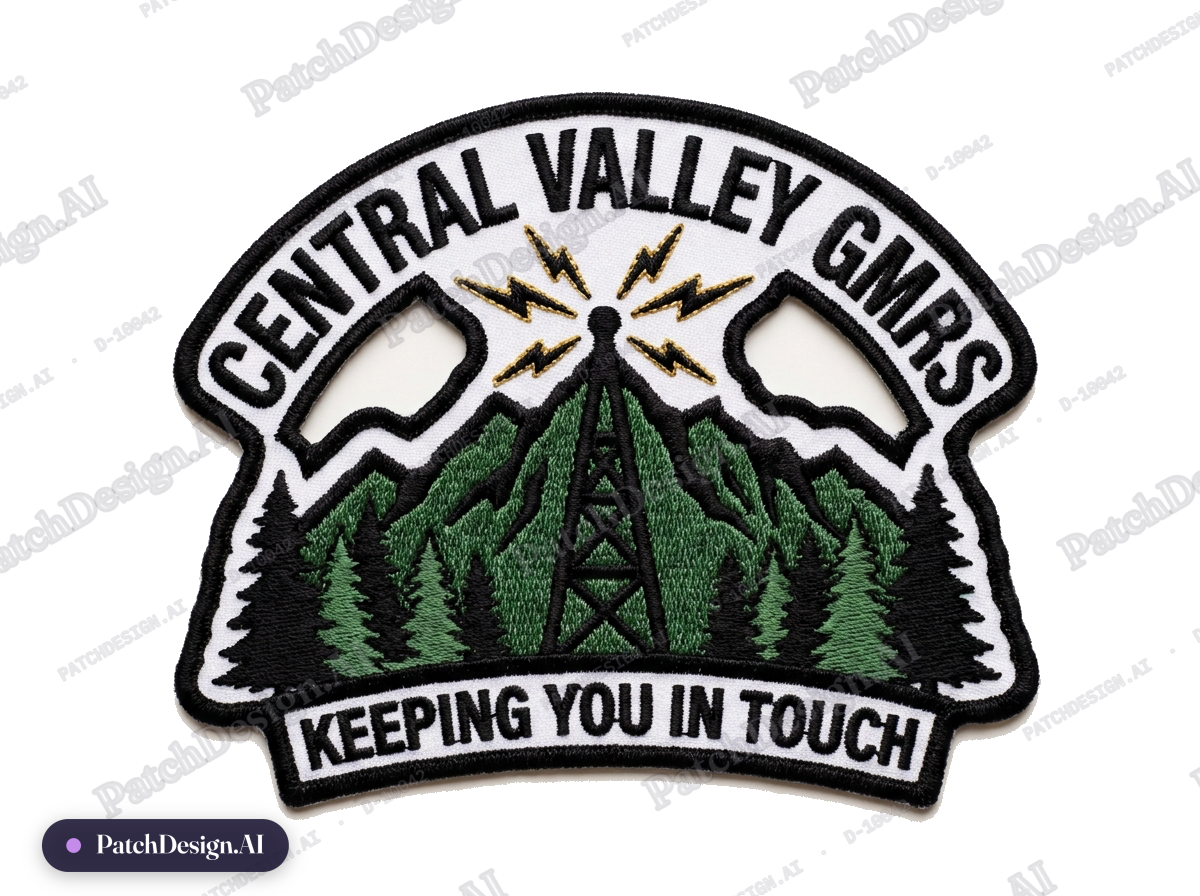 Central Valley GMRS, Keeping You In Touch,mountain with pine trees, radio tower in middle  — custom patch designed with AI