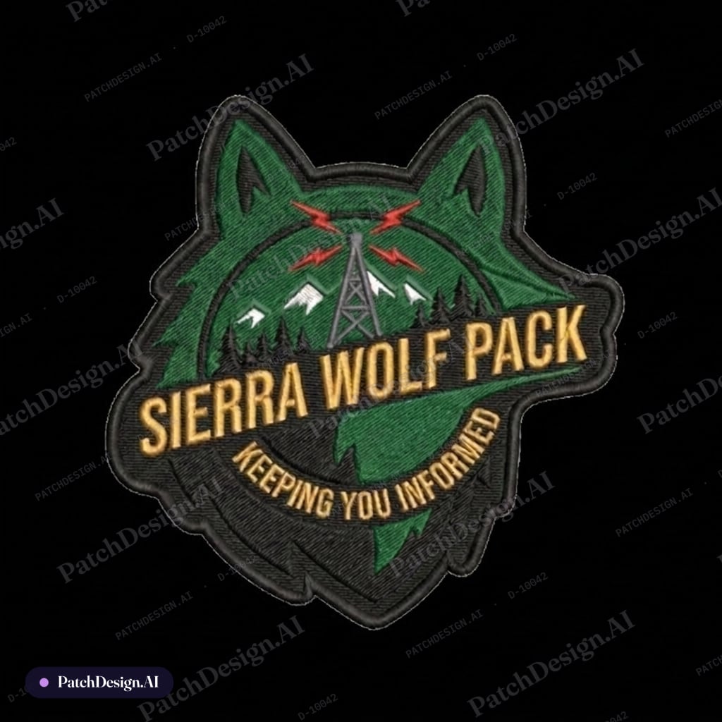 Wolf Head patch outline, mountain with pine trees, grey radio antenna with red lightning b — custom patch designed with AI