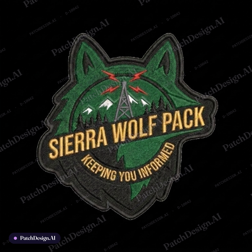 Wolf Head patch outline, mountain with pine trees, grey radio antenna with red lightning b — custom patch designed with AI
