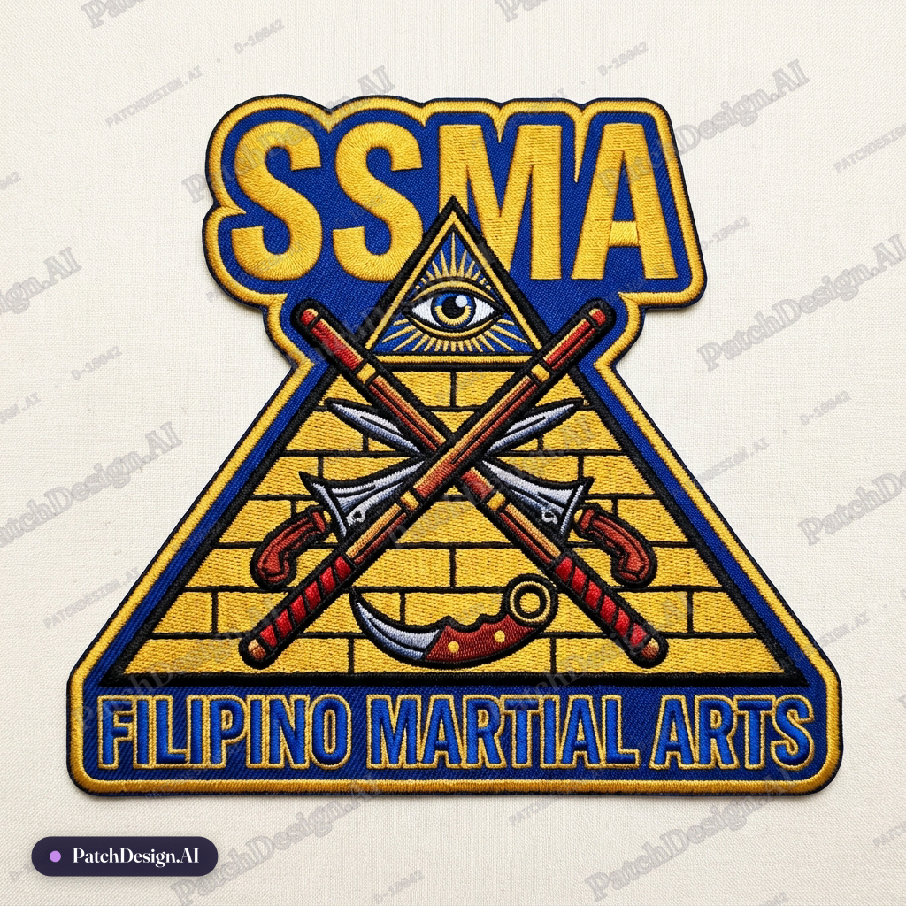 Create a patch for "SSMA" Filipino Martial Arts. Insert a gold Egyptian pyramid in the cen — custom patch designed with AI