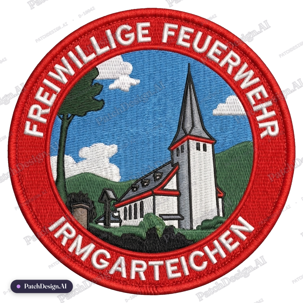 Use white for the text in the text "Freiwillige Feuerwehr Irmgarteichen". Use the dark blu — custom patch designed with AI