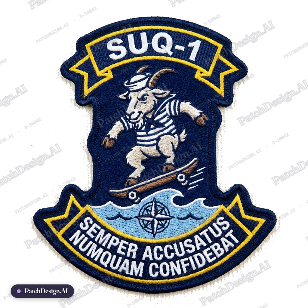 4" x 3" navy shoulder patch with skateboarding goat, upper scroll reading SUQ-1…