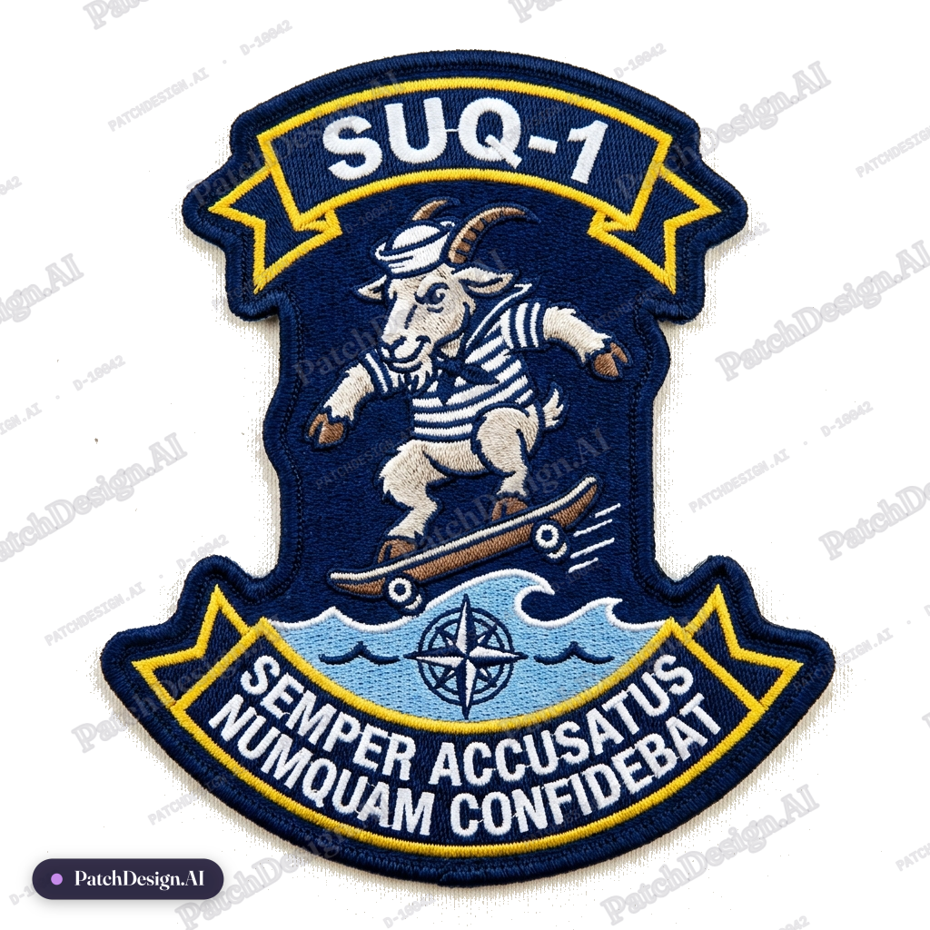 4" x 3" navy shoulder patch with skateboarding goat, upper scroll reading SUQ-1…