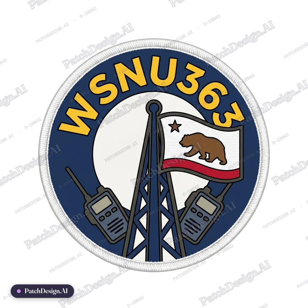 Round GMRS patch with the call sign WSNU363 two mobile radios and GMRS antenna tower flag  — custom patch designed with AI