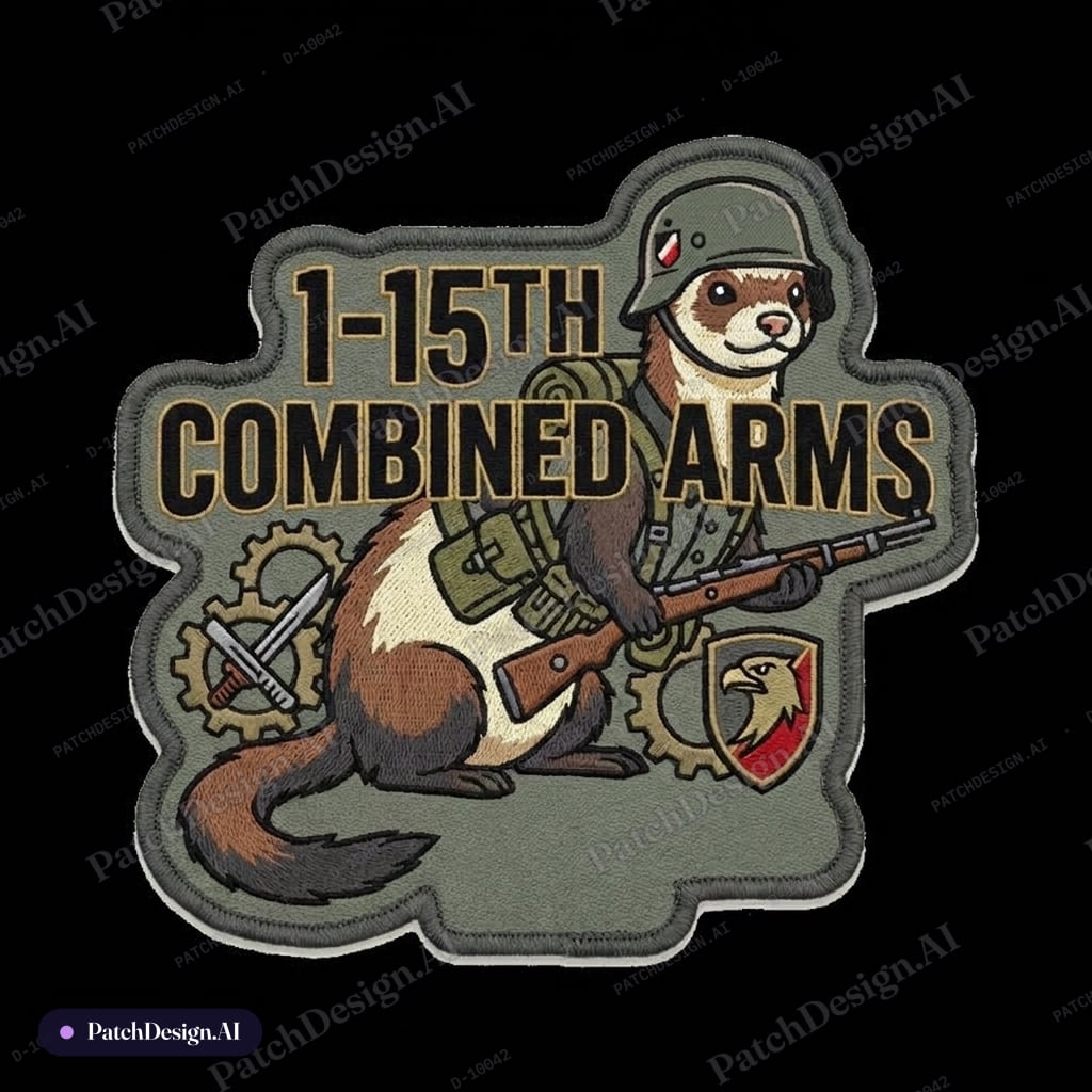 A ferret wearing and using German ww2 gear. with the phrase "1-15th Combined…