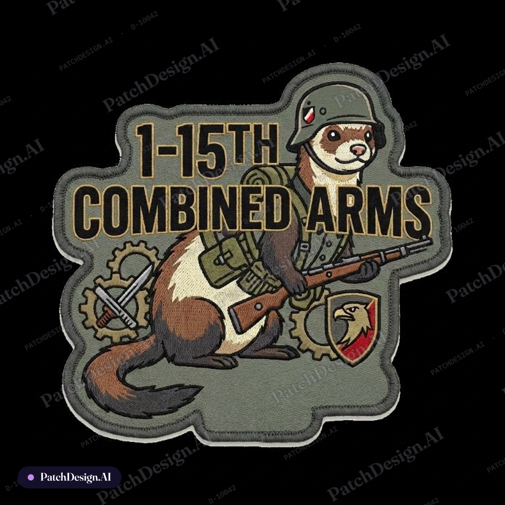 A ferret wearing and using German ww2 gear. with the phrase "1-15th Combined Ar…