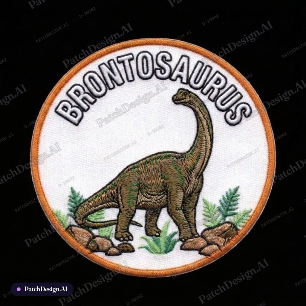 Create a round, orange border, realistic dinosaur patch of a brontosaurus — custom patch designed with AI