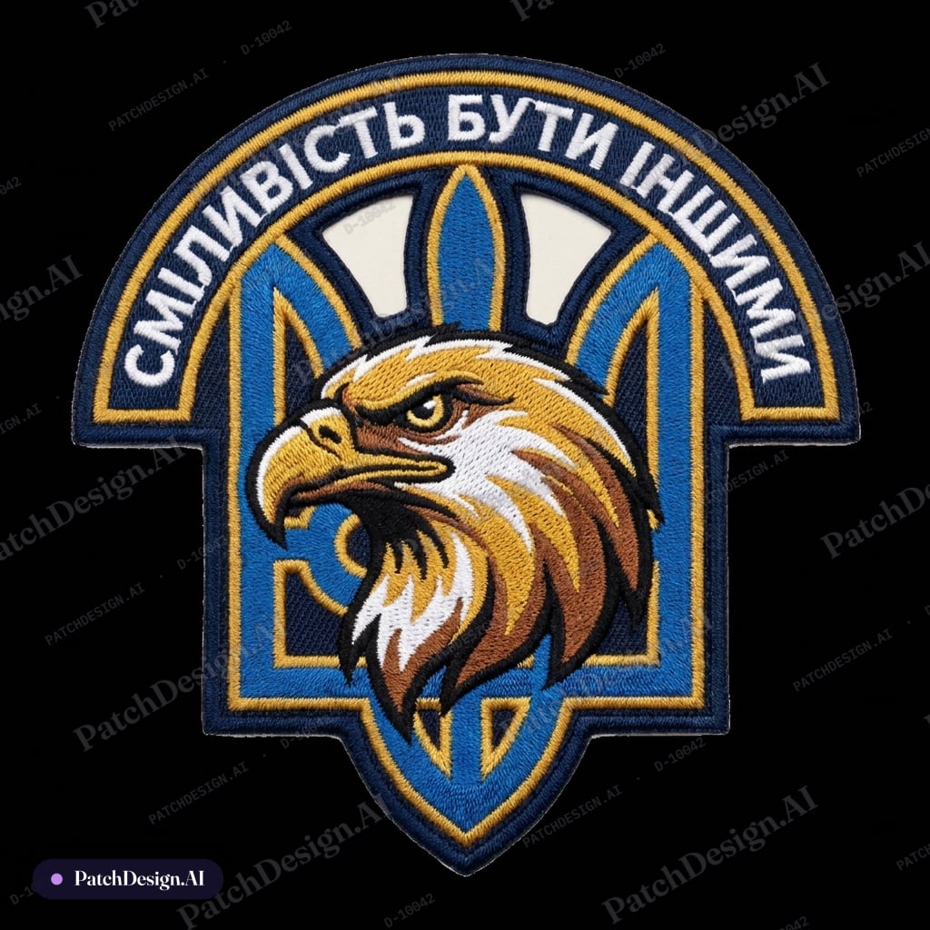 Eagle head with Ukraine Triton in background with the words Dare to be Different in Ukrain — custom patch designed with AI