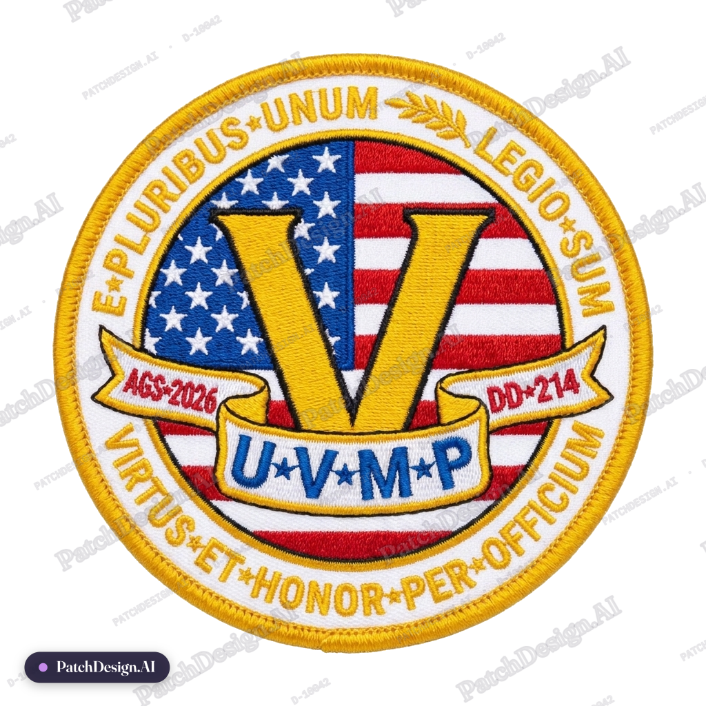 3 inch circular patch, bright gold circumference thread. outer border has white…