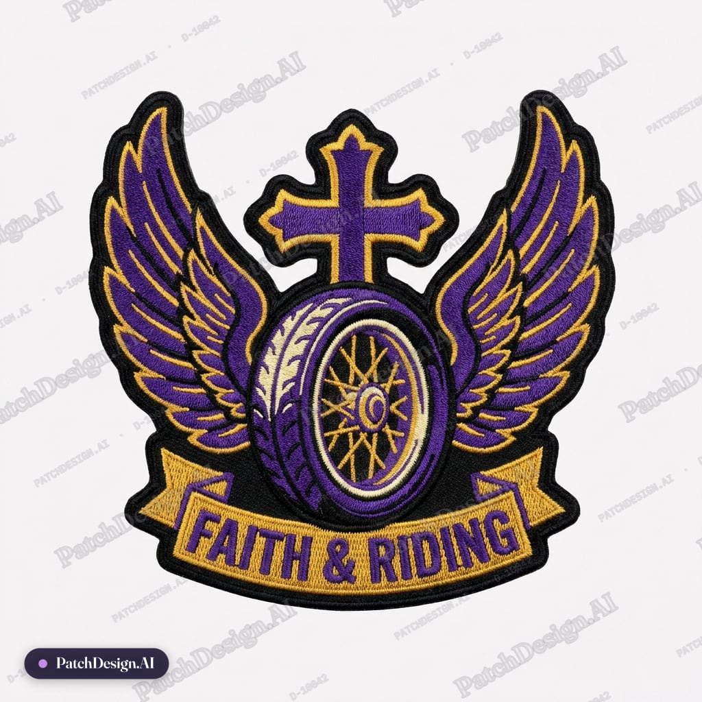 Combining faith with a passion for riding purple and gold — custom patch designed with AI
