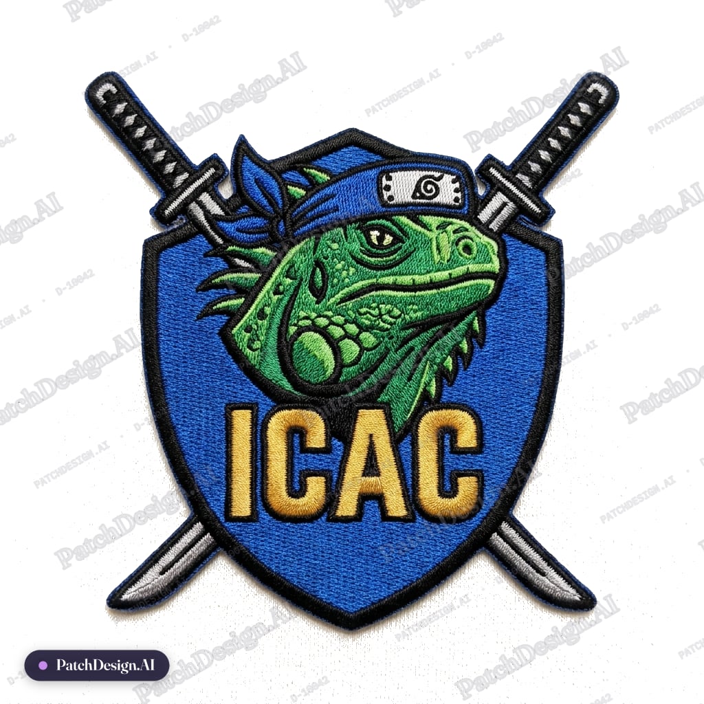 Main Feature: Iguana head wearing naruto headband — Width: 4" — Height: 4" — Shape: Shield — custom patch designed with AI