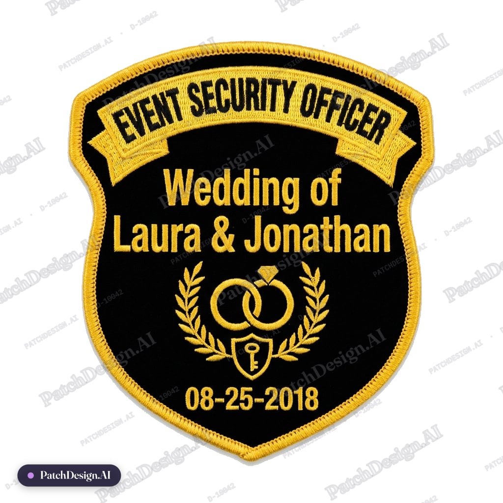 Wedding of Laura & Jonathan 08-25-2018 Event Security Officer patch; Black background with — custom patch designed with AI
