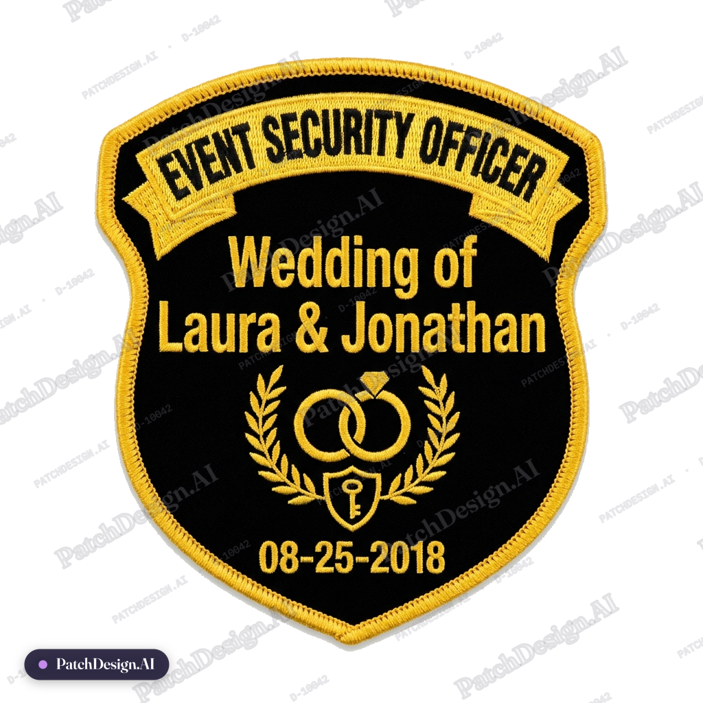 Wedding of Laura & Jonathan 08-25-2018 Event Security Officer patch; Black background with — custom patch designed with AI
