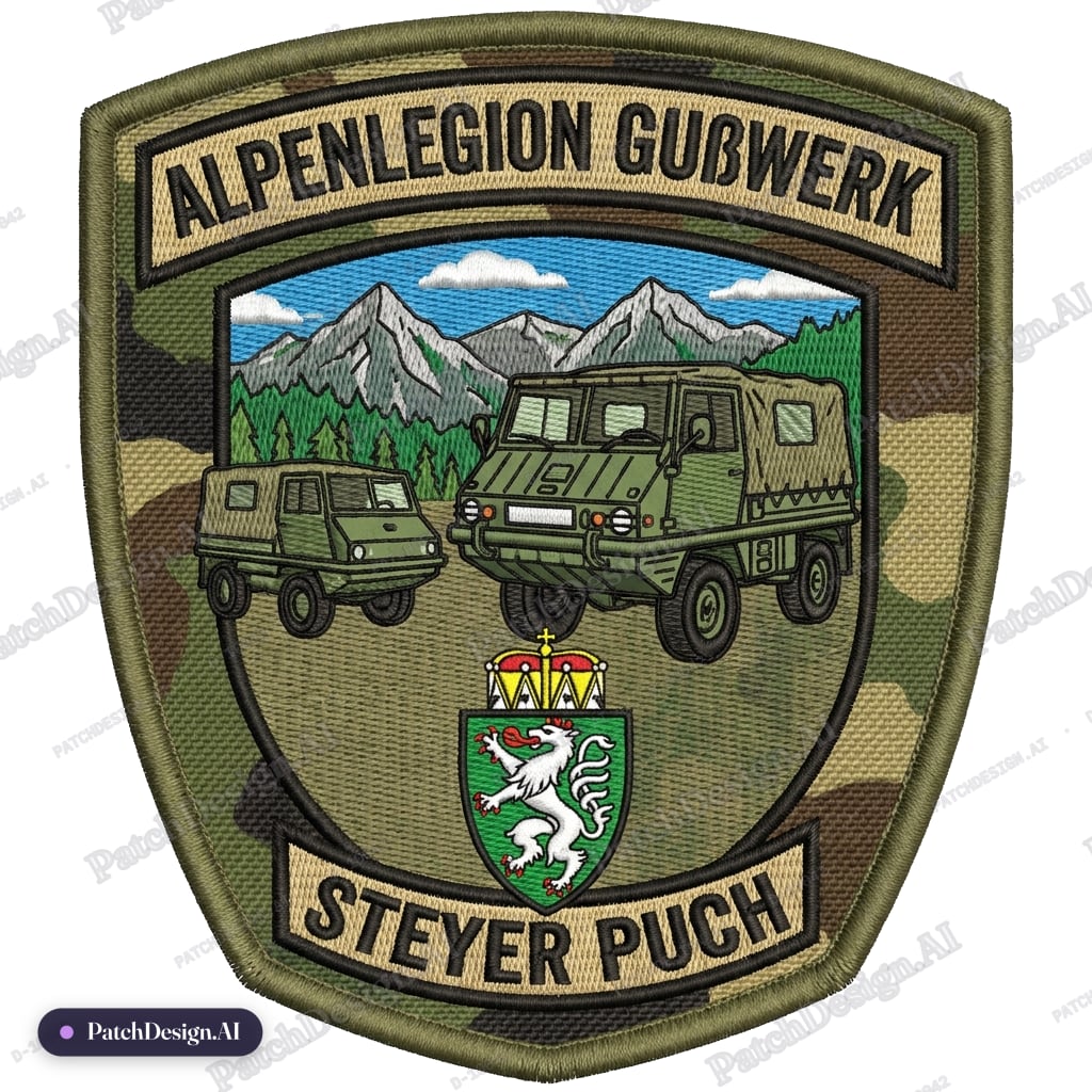 Den schriftzug Steyer Puch unten links und rechts in die rundung verschieben , die patch f — custom patch designed with AI