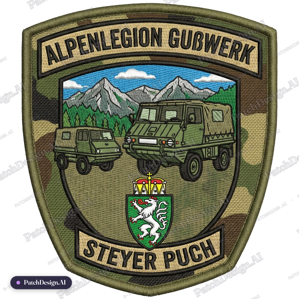 Den schriftzug Steyer Puch unten links und rechts in die rundung verschieben , die patch f — custom patch designed with AI