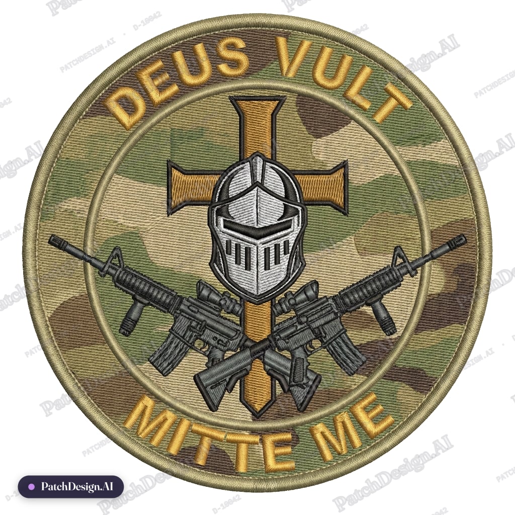 Make a round patch with a knight mask at center. With a tall cross behind him. Crossed m4a — custom patch designed with AI