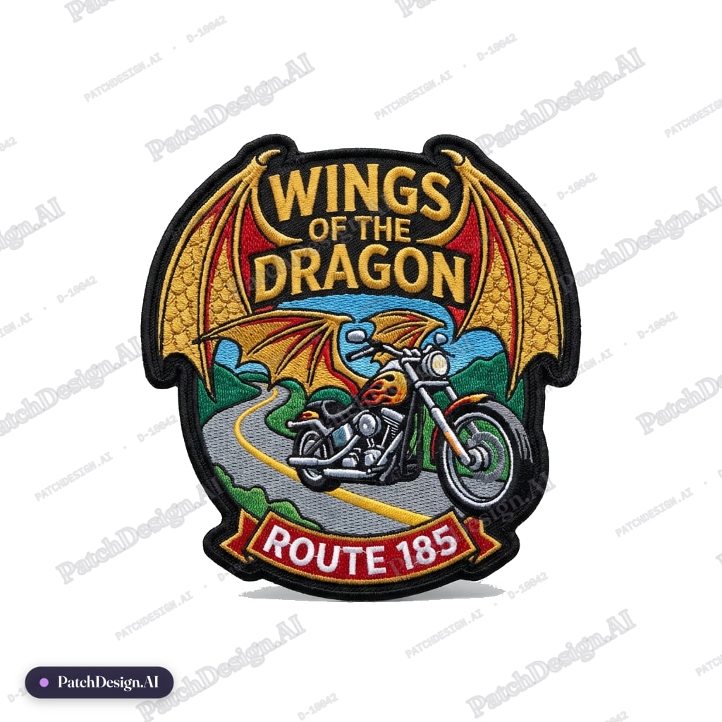 Design me a patch in some cut to shake of the patch have it say wings of the dragon at the — custom patch designed with AI