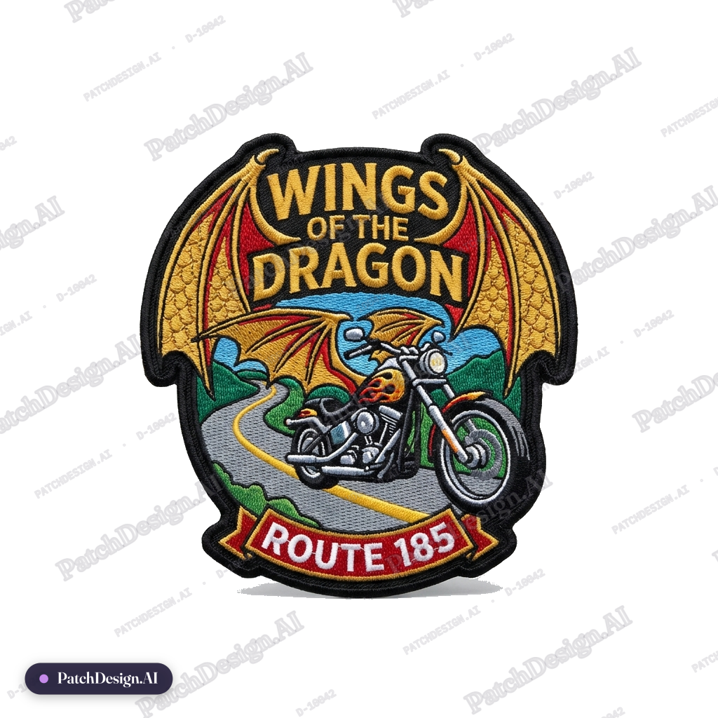 Design me a patch in some cut to shake of the patch have it say wings of the dragon at the — custom patch designed with AI