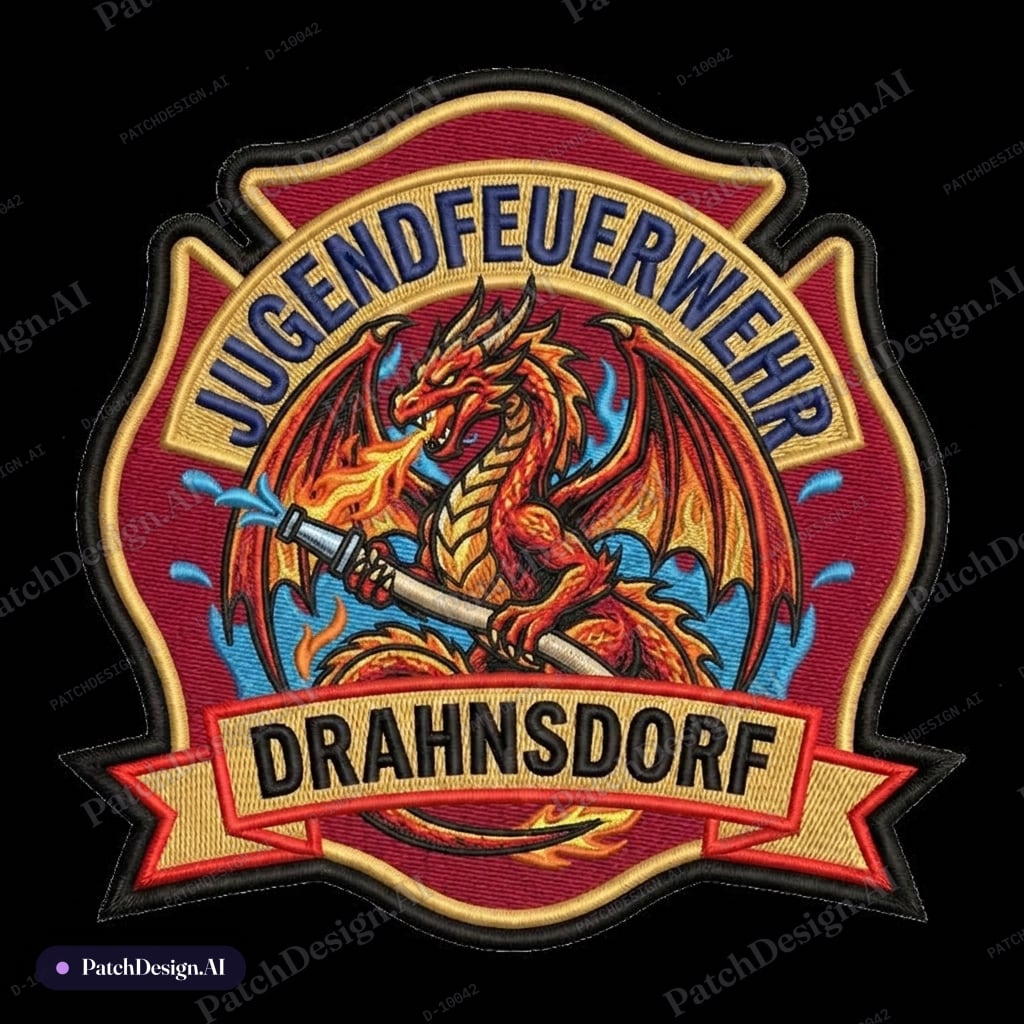 Jugendfeuerwehr Drahnsdorf mit einem Drachen drin — custom patch designed with AI