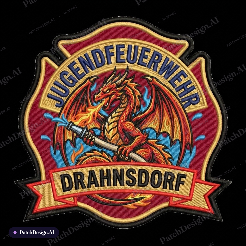 Jugendfeuerwehr Drahnsdorf mit einem Drachen drin — custom patch designed with AI