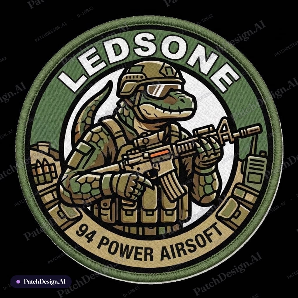 Main Feature: lézard man with mk18 Daniel defense . Callsigne LEDSONE on upper patch and 9 — custom patch designed with AI