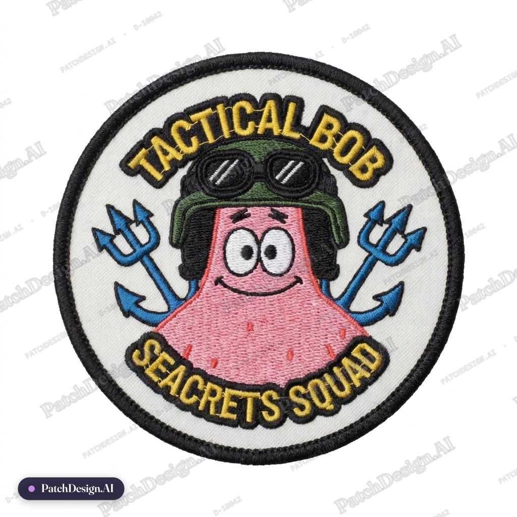 Patrick star from sponge bob SquarePants with a tactical helmet and night vision goggles — custom patch designed with AI