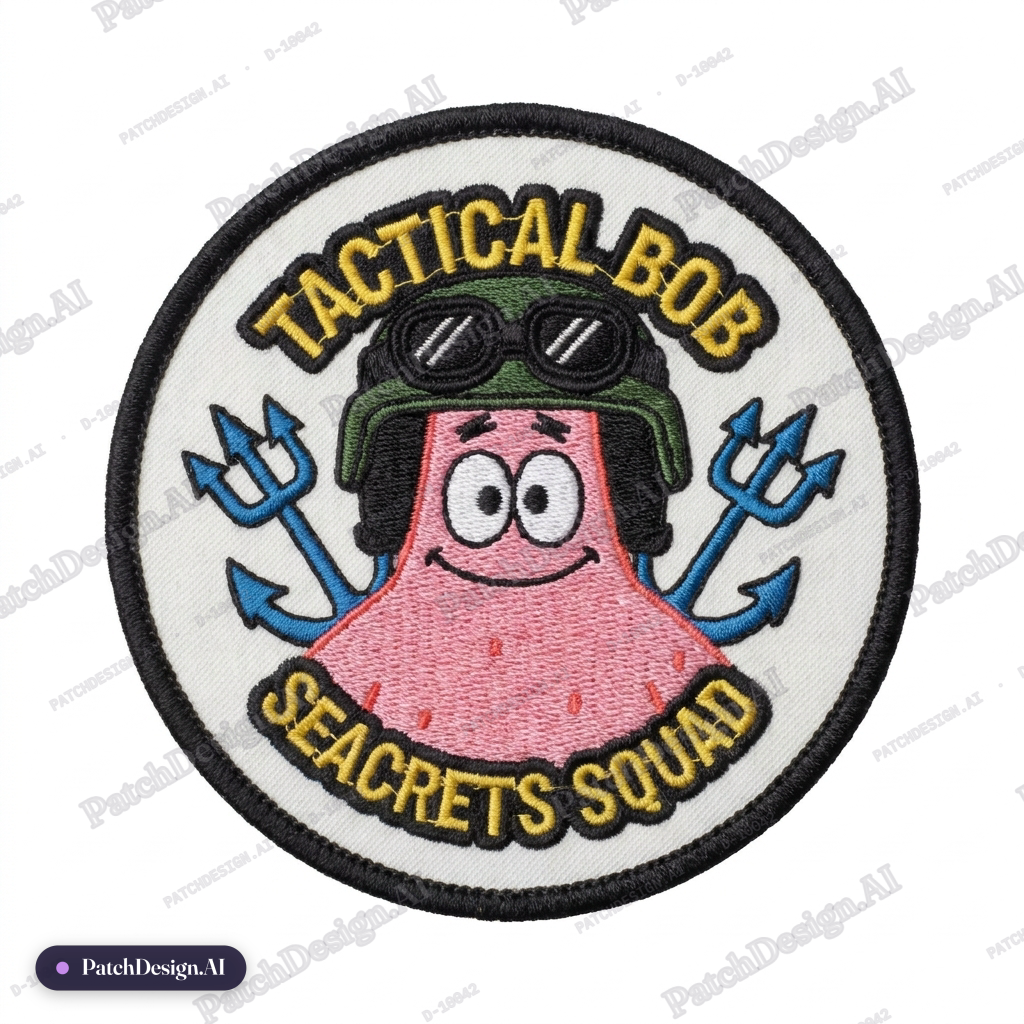 Patrick star from sponge bob SquarePants with a tactical helmet and night vision goggles — custom patch designed with AI