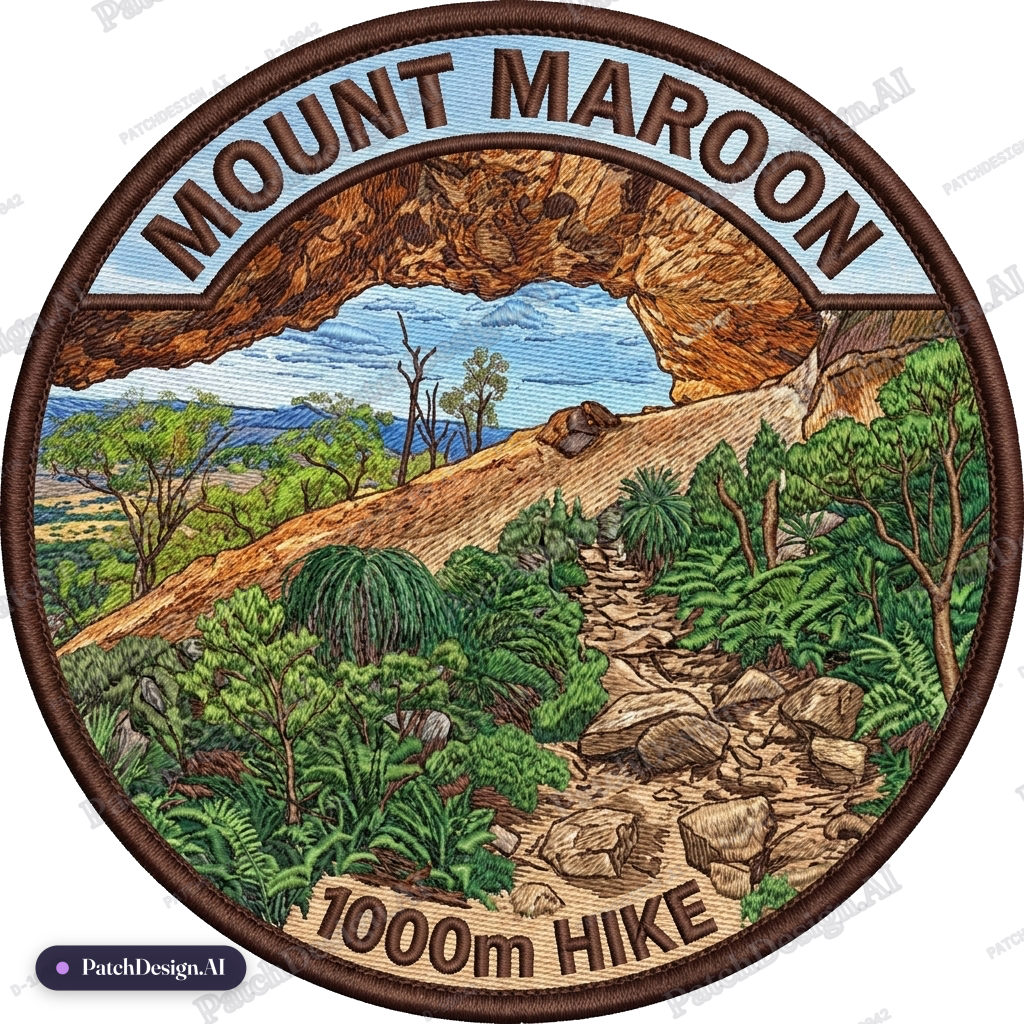 Make me a patch for Mount Maroon it is 1000m and is a hike up rocky area with bush and has — custom patch designed with AI