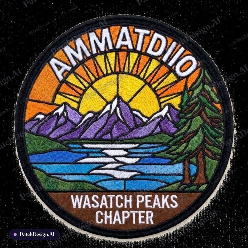 Ammatdiio lodge patch, wasatch peaks chapter. Make it a mountainscape with a pine tree on  — custom patch designed with AI