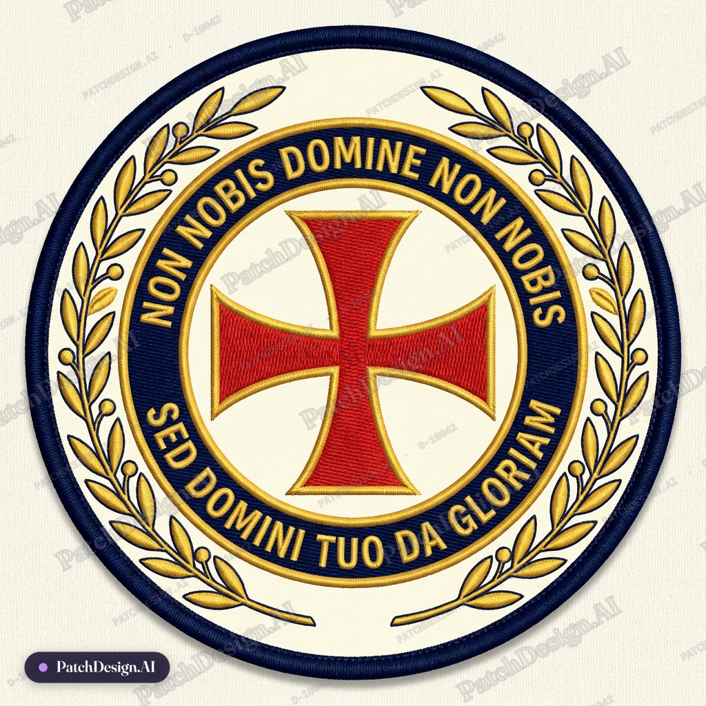 Circle patch templar cross in center surrounded by the words non nobis domine non nobis se — custom patch designed with AI