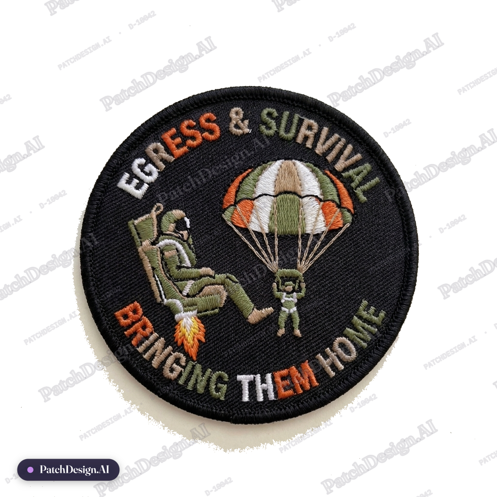 Black patch with embroidered edge including Egress & Survival, Bringing them Home, pilot s — custom patch designed with AI