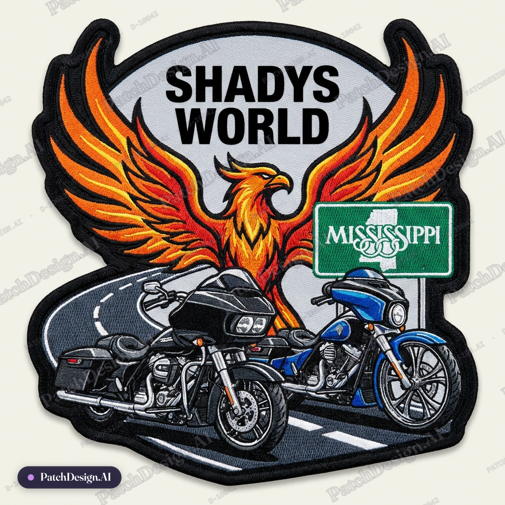 Appreciation patch that says Shadys World with a black roadglide and a blue and black stre — custom patch designed with AI