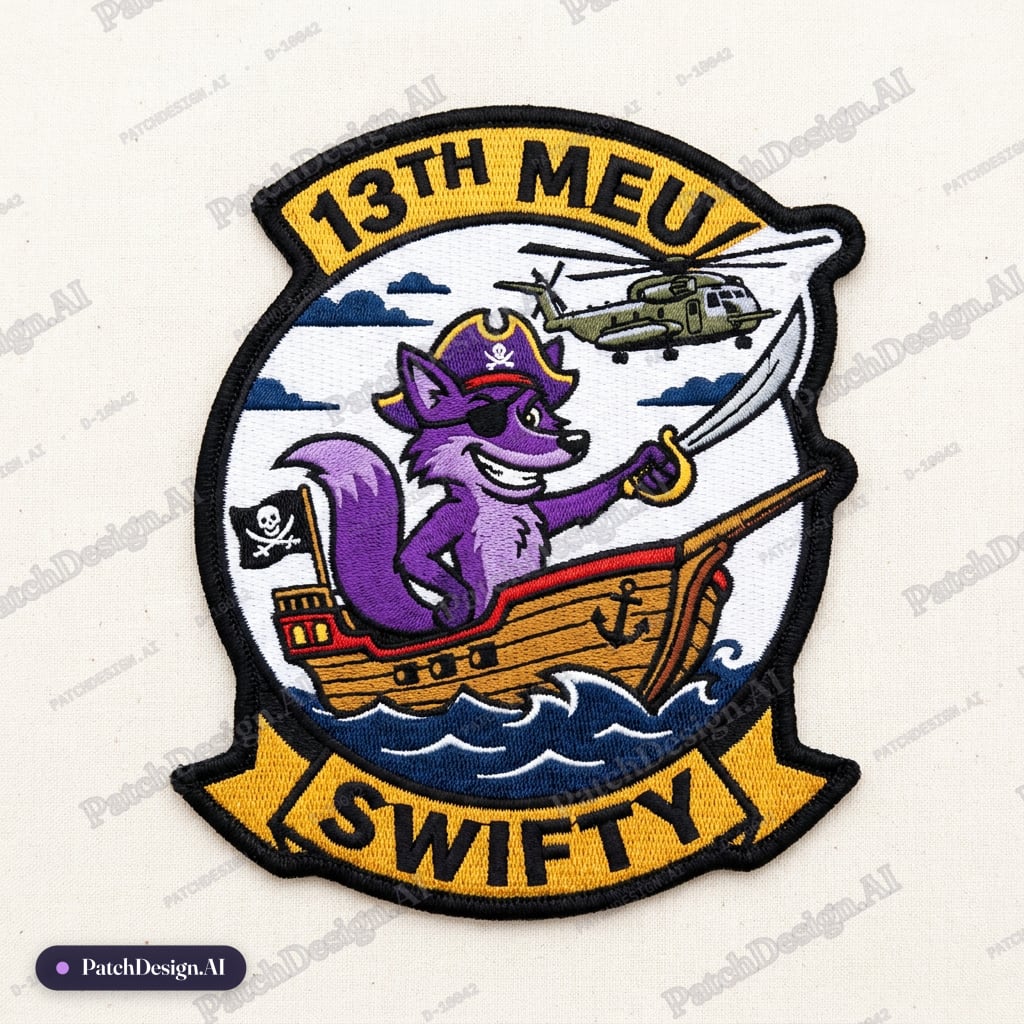 Swifty, the purple fox of the 13th meu for the USMC, on a pirate ship holding a sword, at  — custom patch designed with AI
