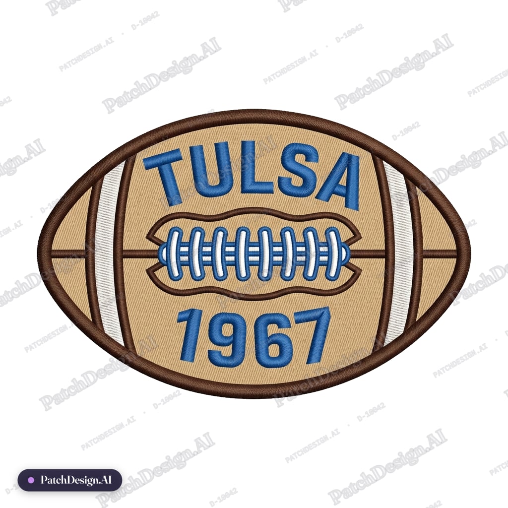 Tan football that says Tulsa on top and 1967 on bottom — custom patch designed with AI