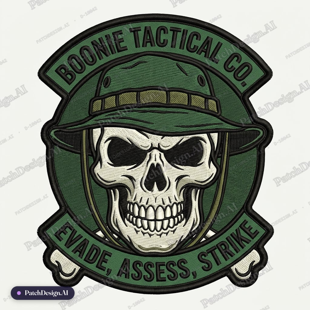 Create a morale patch with a menacing skull wearing a military boonie hat. At the top of t — custom patch designed with AI