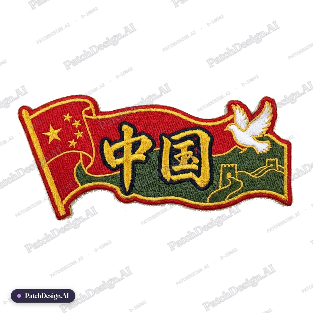 - 尺寸：75mm × 22mm 横向长条形 - 配色：中国红 + 金色 + 军绿色 - 元素：五星红旗飘带、书法字体、和平鸽/长城剪影 - 工艺：高密度刺绣 + 烫金 — custom patch designed with AI