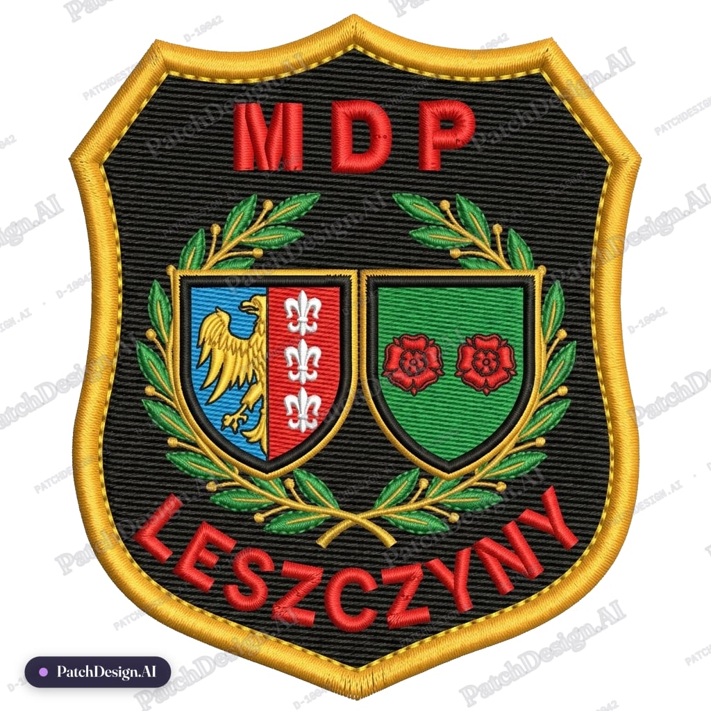 Wzór naszywki, na górze zostaw napis MDP usuń poniżej herb i napis Hel, dodaj te dwa herby — custom patch designed with AI