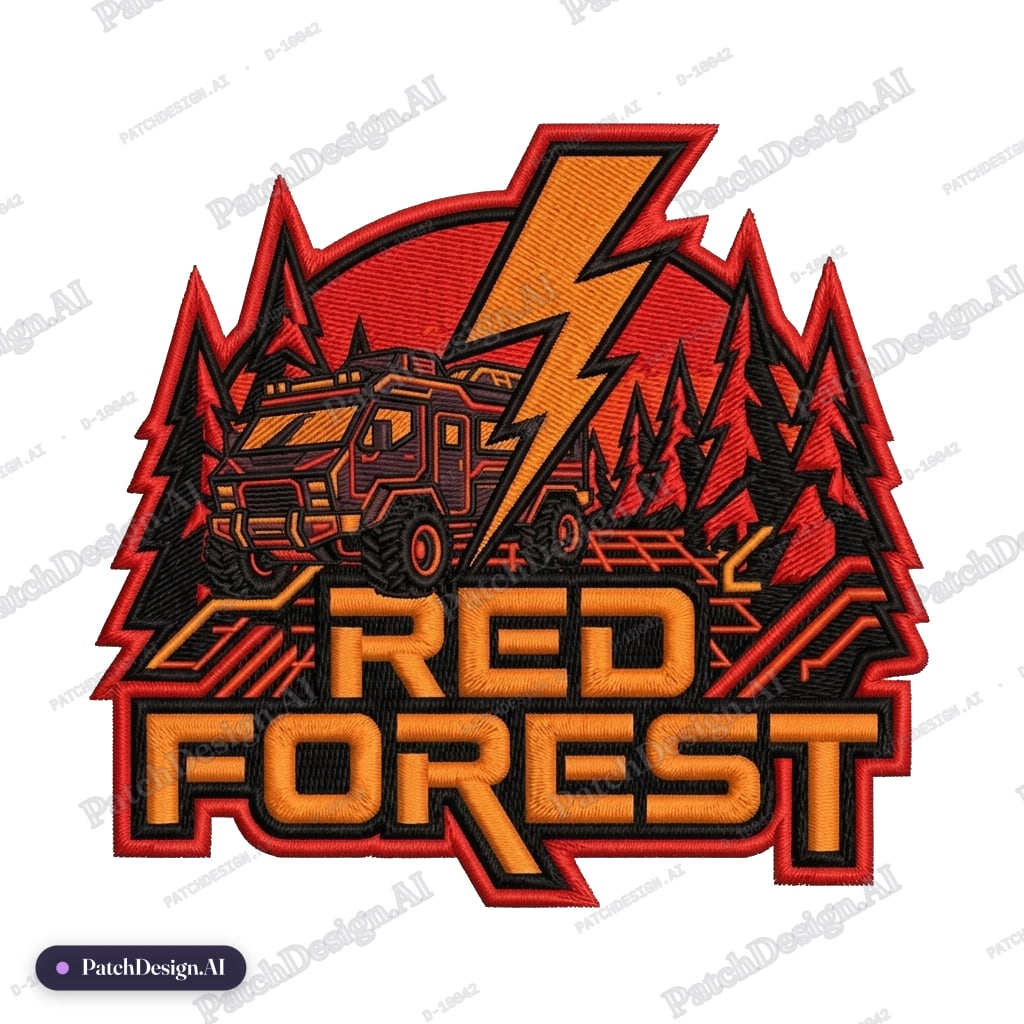 Add an RV in the background with a cyberpunk look to it, keep its colors the same as the r — custom patch designed with AI