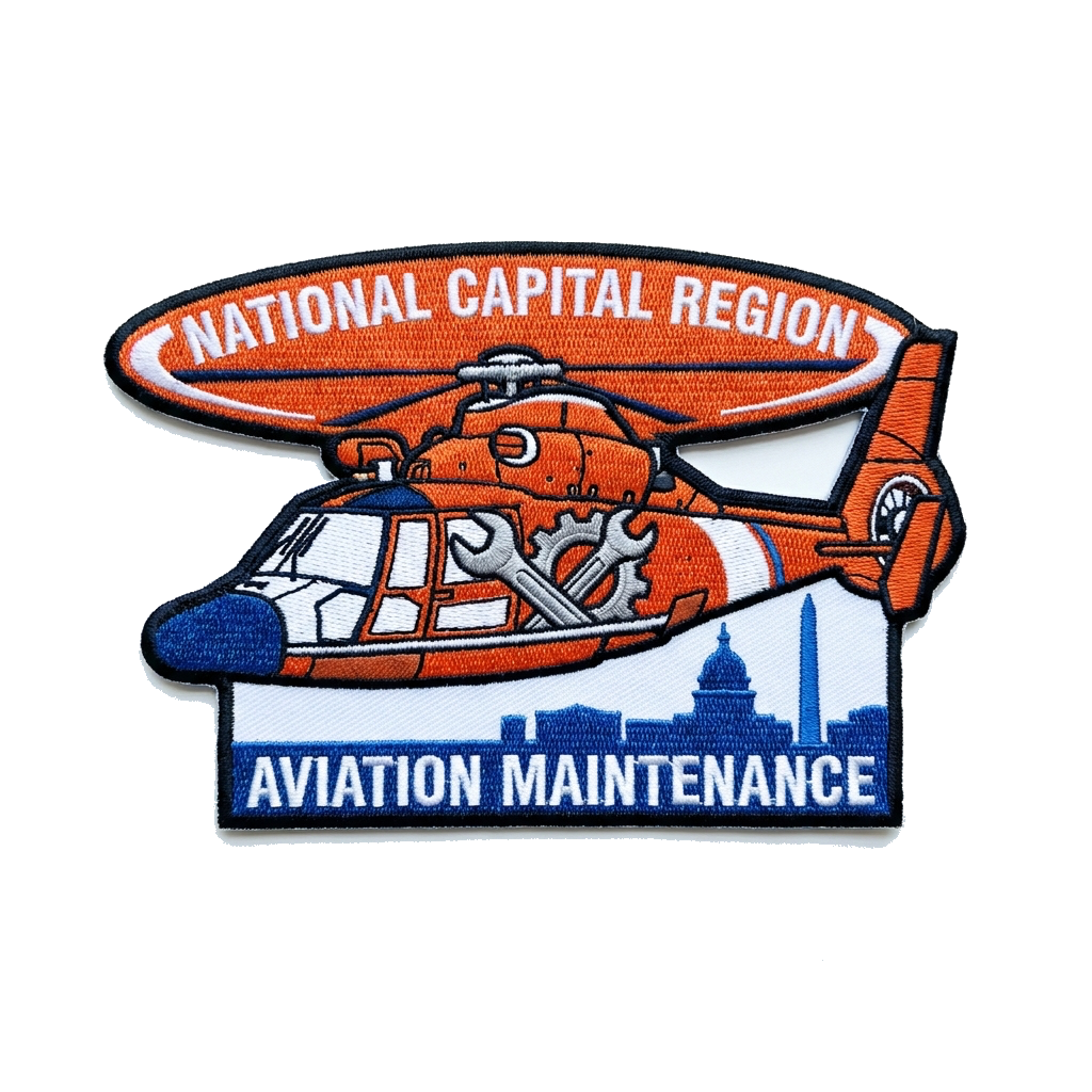 National Capital Region in Washington DC, orange coast guard helicopter, aviation maintena — custom patch designed with AI