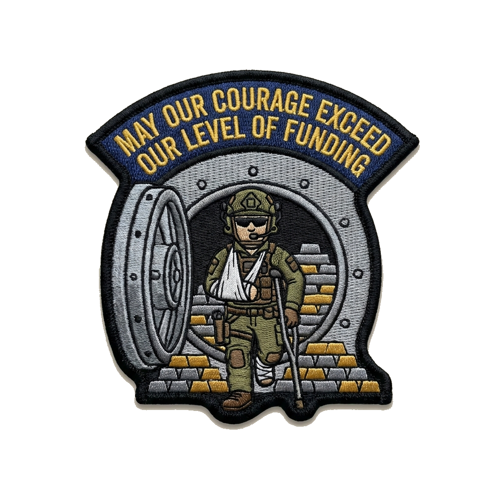 Create a patch with a banged operator in the middle of an empty vault with the words "May  — custom patch designed with AI