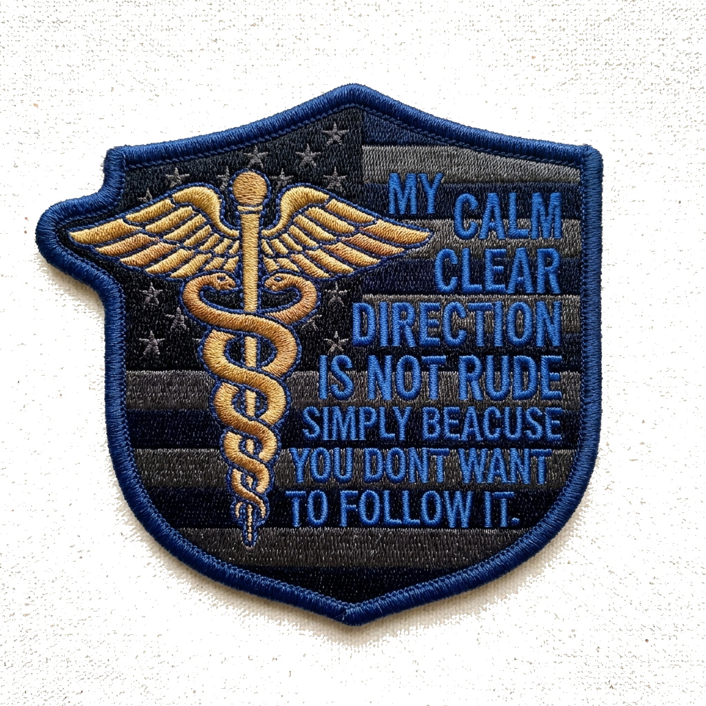 Black morale patch subdued American flag background, blue text reads, "My calm clear direc — custom patch designed with AI