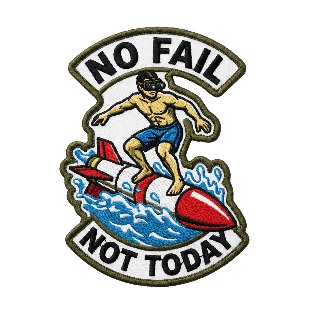 Patch with a man in swimming trunks and night vision goggles riding a surfboard shaped lik — custom patch designed with AI